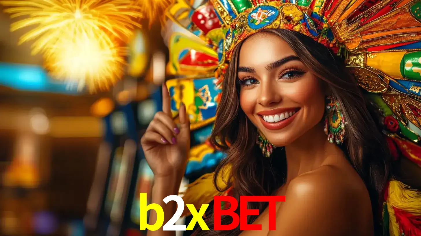 Mulher sorridente com um cocar de carnaval vibrante e colorido, celebrando uma grande vitória nos jogos do cassino b2xbet com fogos de artifício ao fundo.