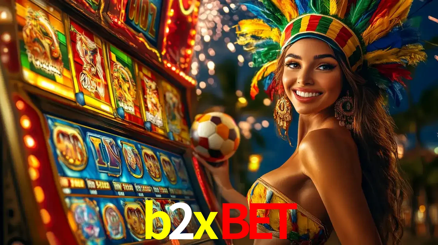 Mulher com um cocar de carnaval ao lado de uma máquina de caça-níqueis enquanto segura uma bola de futebol, mostrando a união da diversão de cassino e esportes no b2xbet.