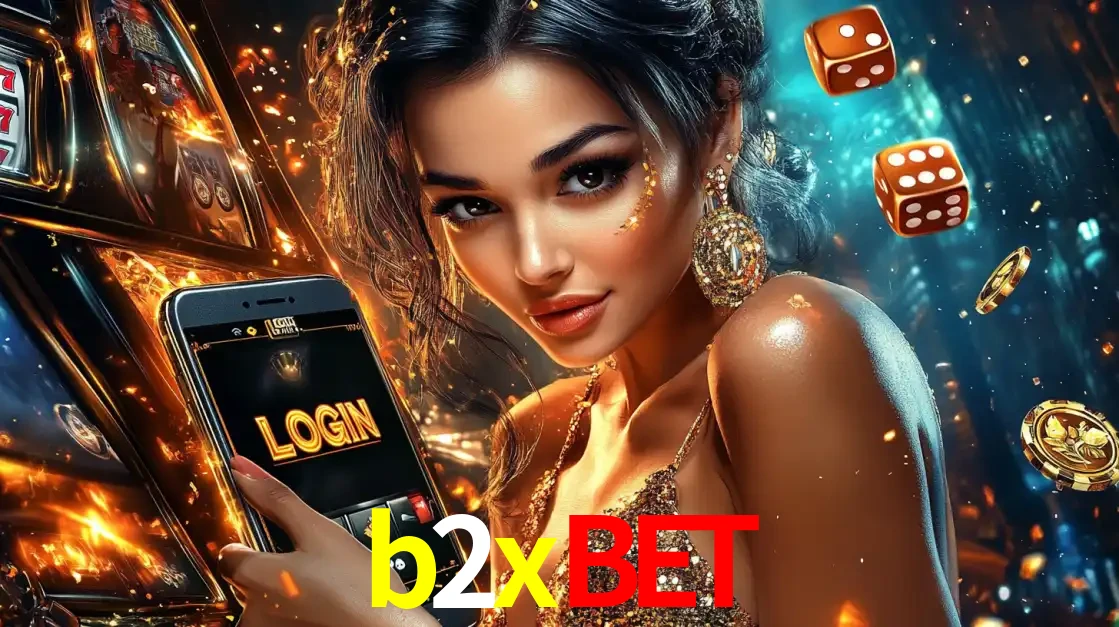 Mulher glamourosa segurando um celular com a tela de login do cassino b2xbet, rodeada por dados e moedas douradas, pronta para começar a diversão.