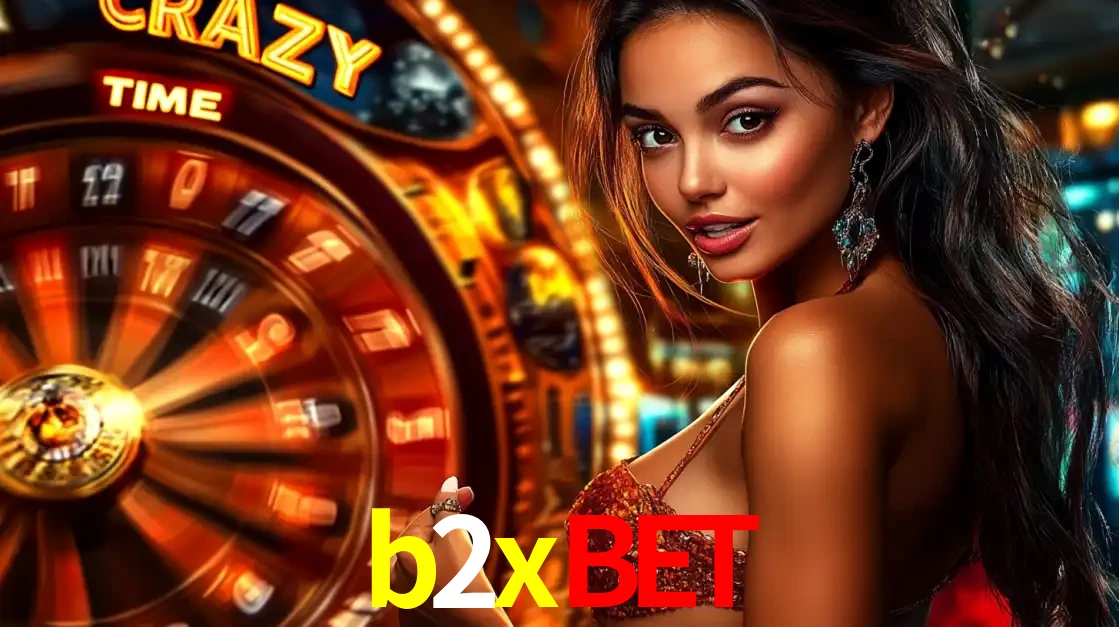 Mulher ao lado da roda de prêmios do jogo de cassino ao vivo Crazy Time, um dos shows de jogos mais emocionantes oferecidos pela plataforma de apostas b2xbet.