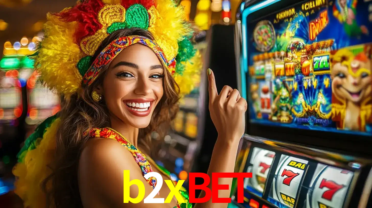Mulher animada com um cocar de carnaval apontando para uma máquina de caça-níqueis, mostrando a emoção de ganhar um grande prêmio nos jogos do b2xbet.