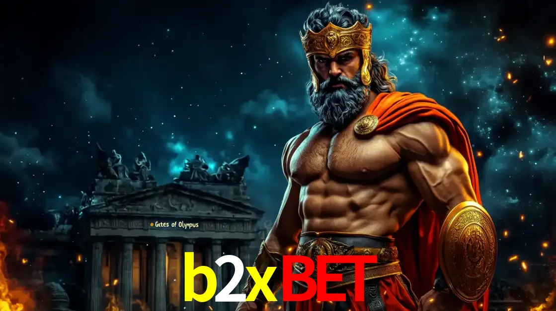 O poderoso Zeus do jogo de slot Gates of Olympus em frente ao seu templo, pronto para lançar multiplicadores divinos e prêmios épicos no cassino online b2xbet.