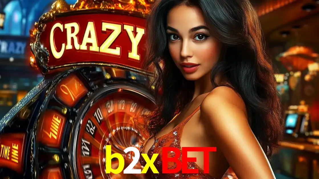 Mulher glamourosa olhando para a câmera com a roda vermelha do Crazy Time ao fundo em um ambiente de cassino, destacando a emoção dos jogos ao vivo no b2xbet.