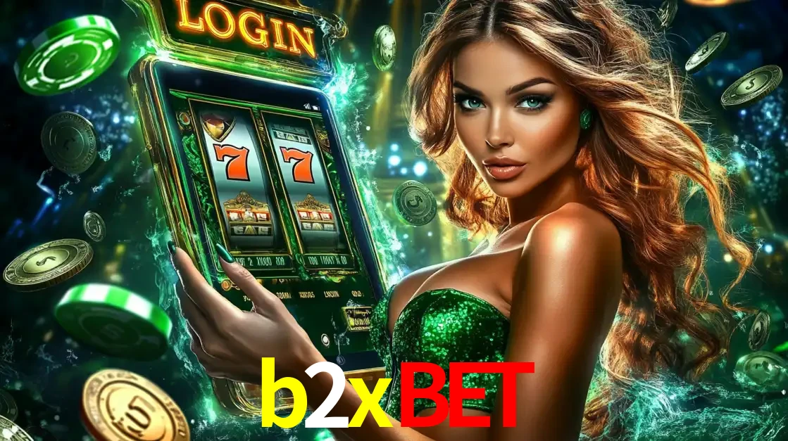 Mulher com tema verde apresentando o aplicativo do cassino b2xbet com um jogo de slot de 777, cercada por fichas de cassino e uma aura de sorte.
