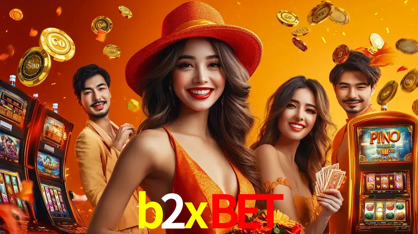 Grupo de amigos asiáticos sorrindo e se divertindo com máquinas de caça-níqueis em um ambiente festivo, celebrando suas vitórias nos jogos de cassino do b2xbet.