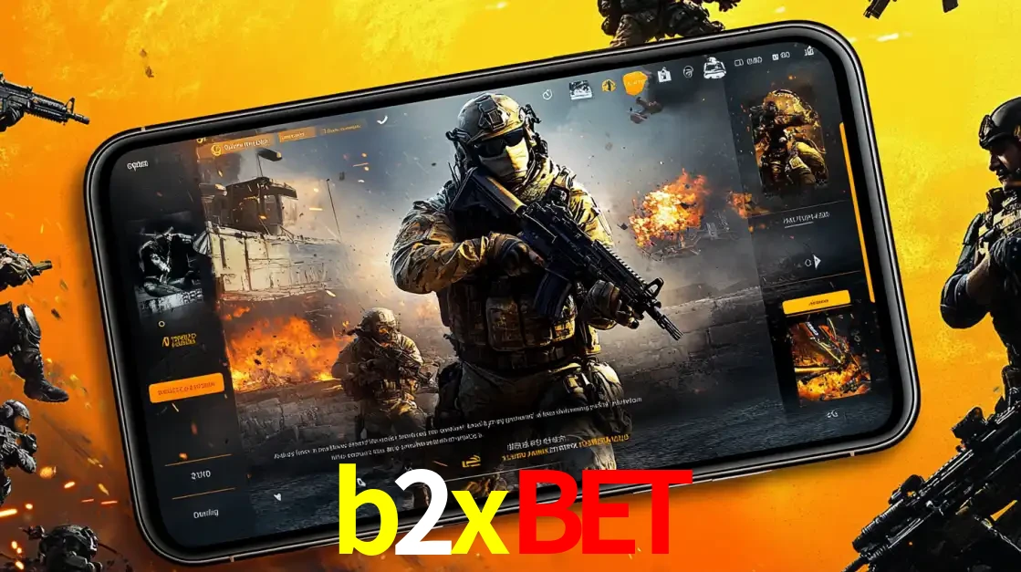 Um smartphone exibindo a interface de um jogo de tiro em primeira pessoa, com um soldado em um cenário de batalha, representando a ação dos e-sports para apostar no b2xbet.