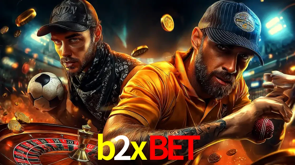 Montagem de apostas esportivas e cassino no b2xbet, com um homem segurando uma bola de futebol e outro uma de beisebol sobre uma roleta e moedas voadoras.