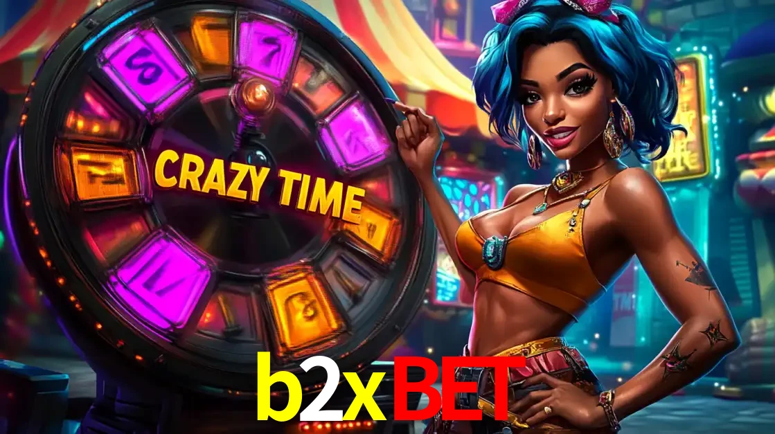 Mulher estilizada com cabelo azul e visual vibrante posando ao lado da roda de prêmios do game show Crazy Time, convidando para a diversão e os bônus do cassino b2xbet.