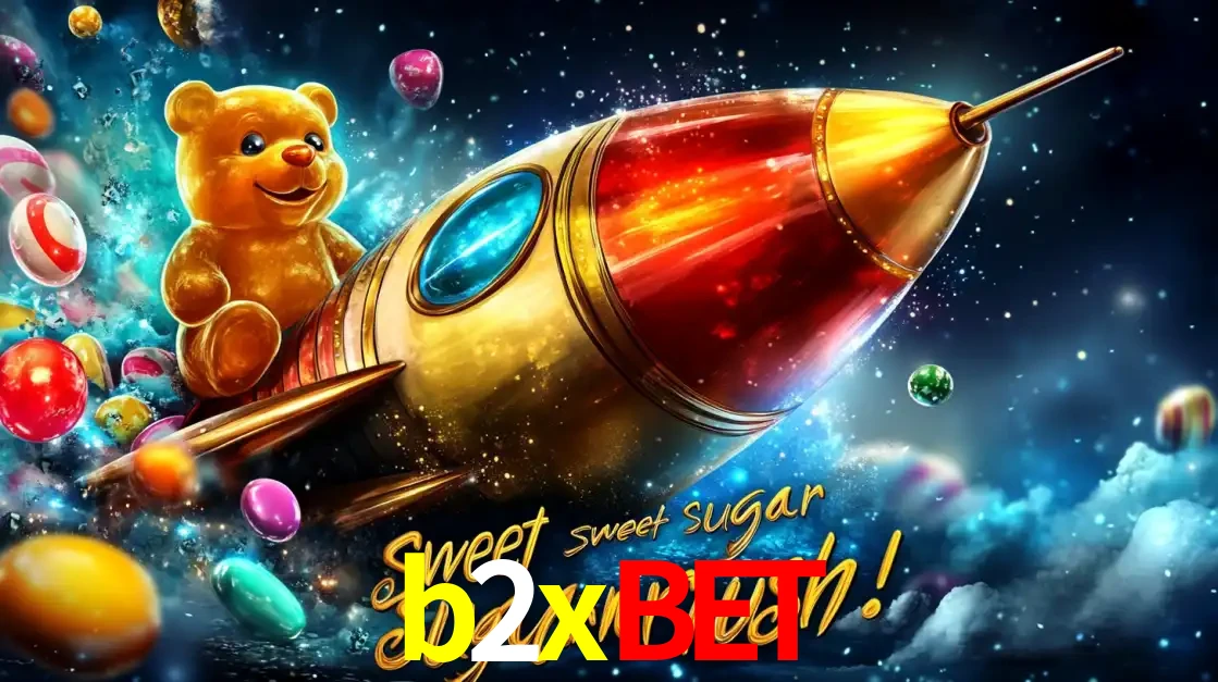 Arte promocional do jogo de slot Sugar Rush, com um urso de pelúcia em um foguete viajando pelo espaço de doces, um dos jogos divertidos disponíveis no cassino b2xbet.