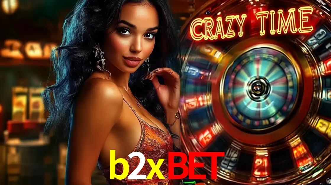 Mulher elegante ao lado da vibrante roda da fortuna do jogo de cassino ao vivo Crazy Time, um dos game shows mais populares e cheios de prêmios do b2xbet.