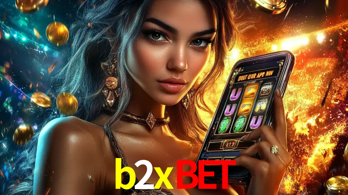 Mulher elegante mostrando um jogo de caça-níqueis em seu smartphone, destacando a experiência de cassino móvel oferecida pelo aplicativo b2xbet.