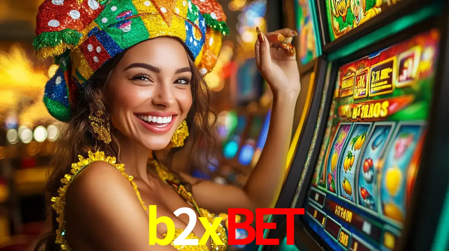 Mulher feliz com traje de carnaval amarelo e colorido ao lado de uma máquina de caça-níqueis, aproveitando a diversão e os jogos temáticos do cassino b2xbet.