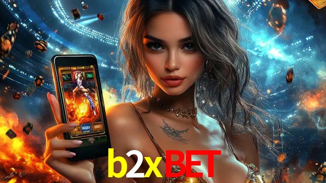 Mulher segurando um celular com um jogo de slot em destaque, tendo como fundo um estádio vibrante, simbolizando a emoção de jogar no cassino móvel b2xbet.