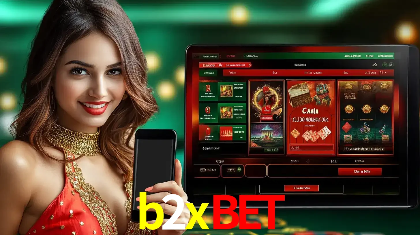 Mulher sorridente segurando um smartphone, ao lado de uma tela exibindo o lobby de jogos do cassino online b2xbet, com várias opções de jogos de cartas e slots.